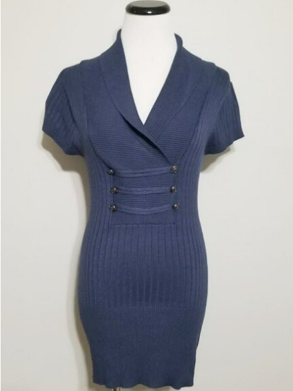 NEW Sweater Project Blue Tunic Top L Faux Double Breasted Military Peacoat M